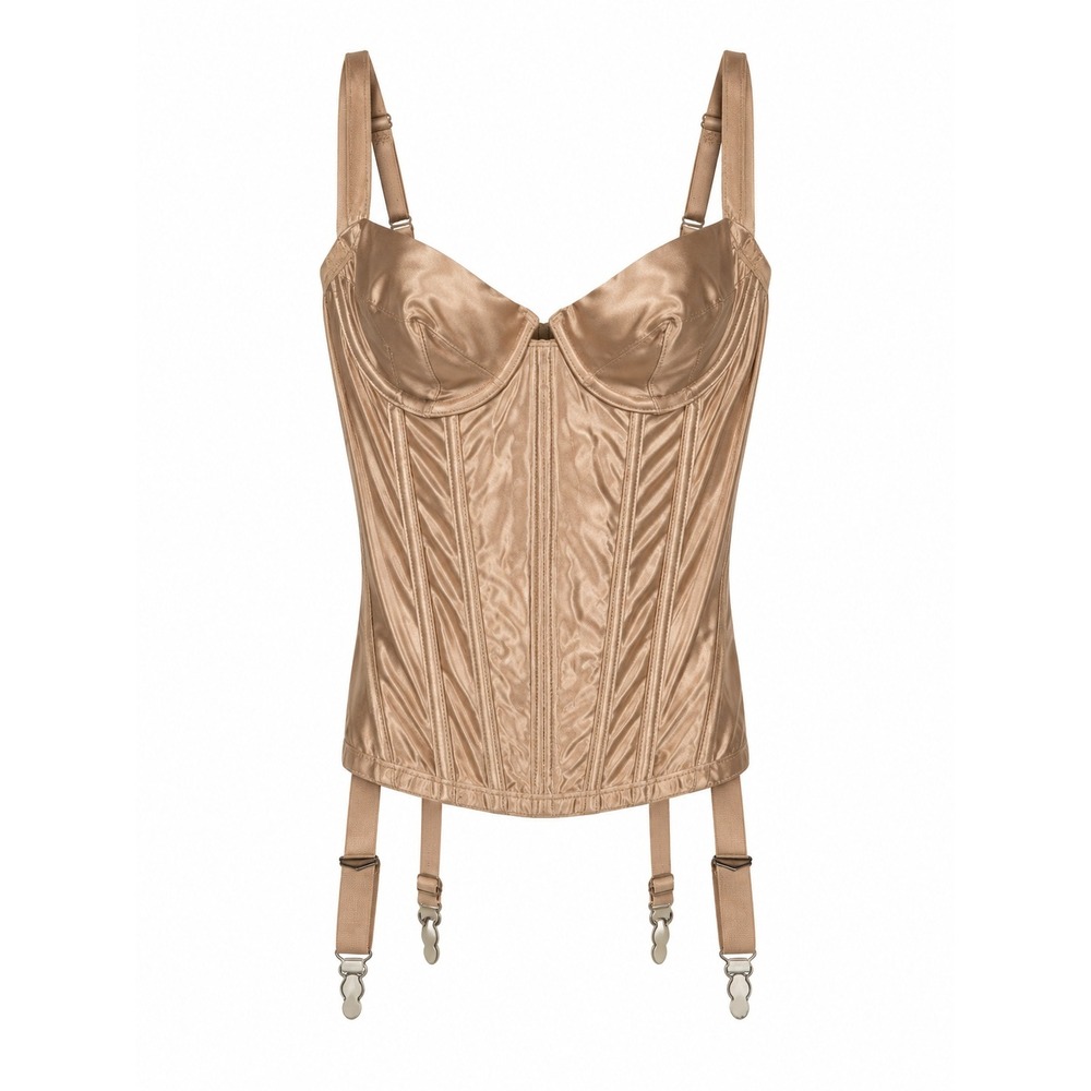VTG Victoria's Secret Bustier Top Champagne Satin Garter Straps Gold Label 34B